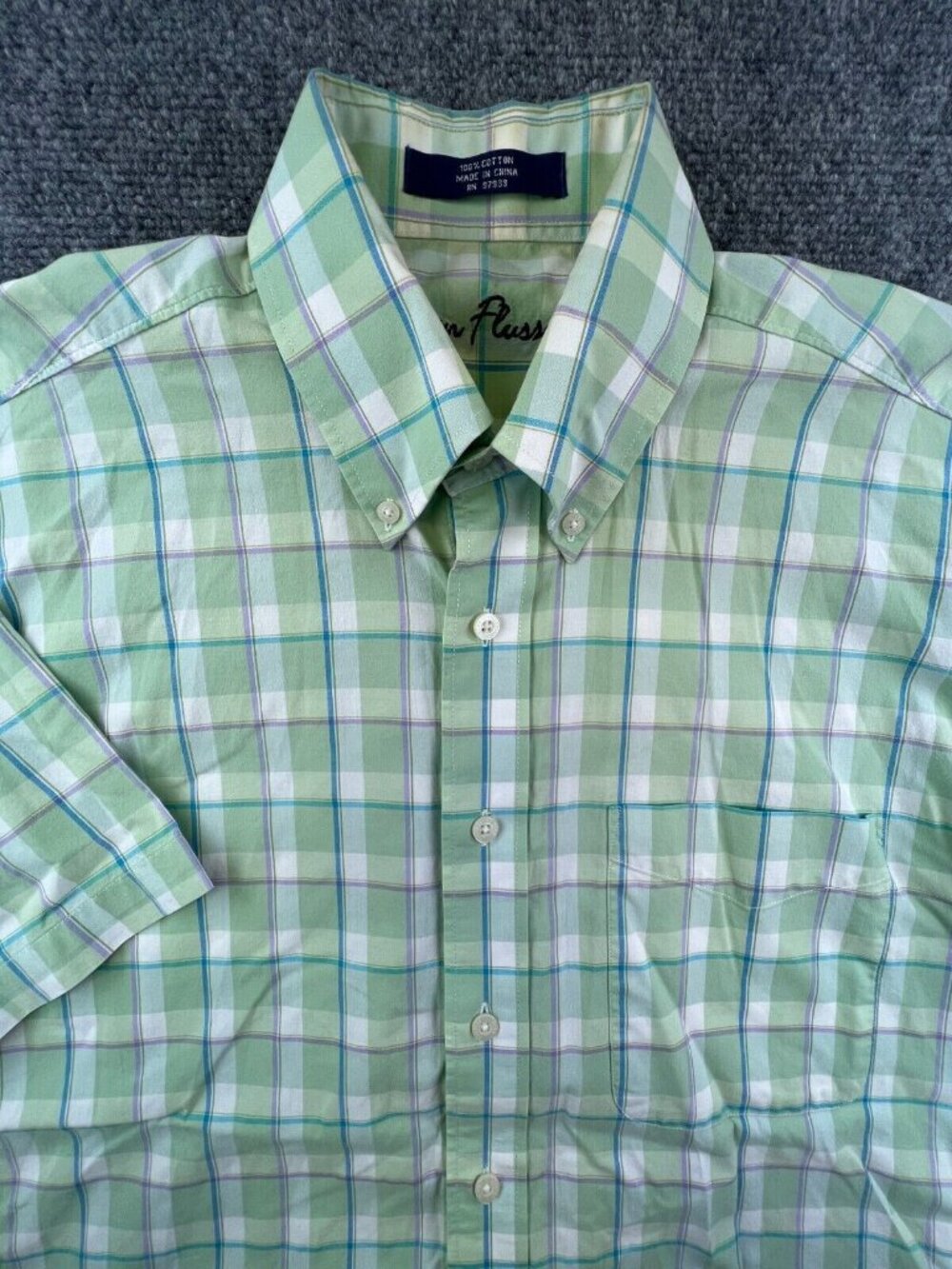 Alan Flusser Green Plaid Short Sleeve Adult Men's Medium Button Up Shirt